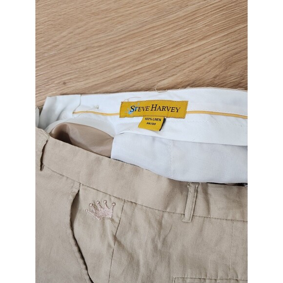 Steve Harvey Celebrity Edition Pants Mens 36 Chino Tan Linen Pleated Cuffed Hem - Picture 9 of 16